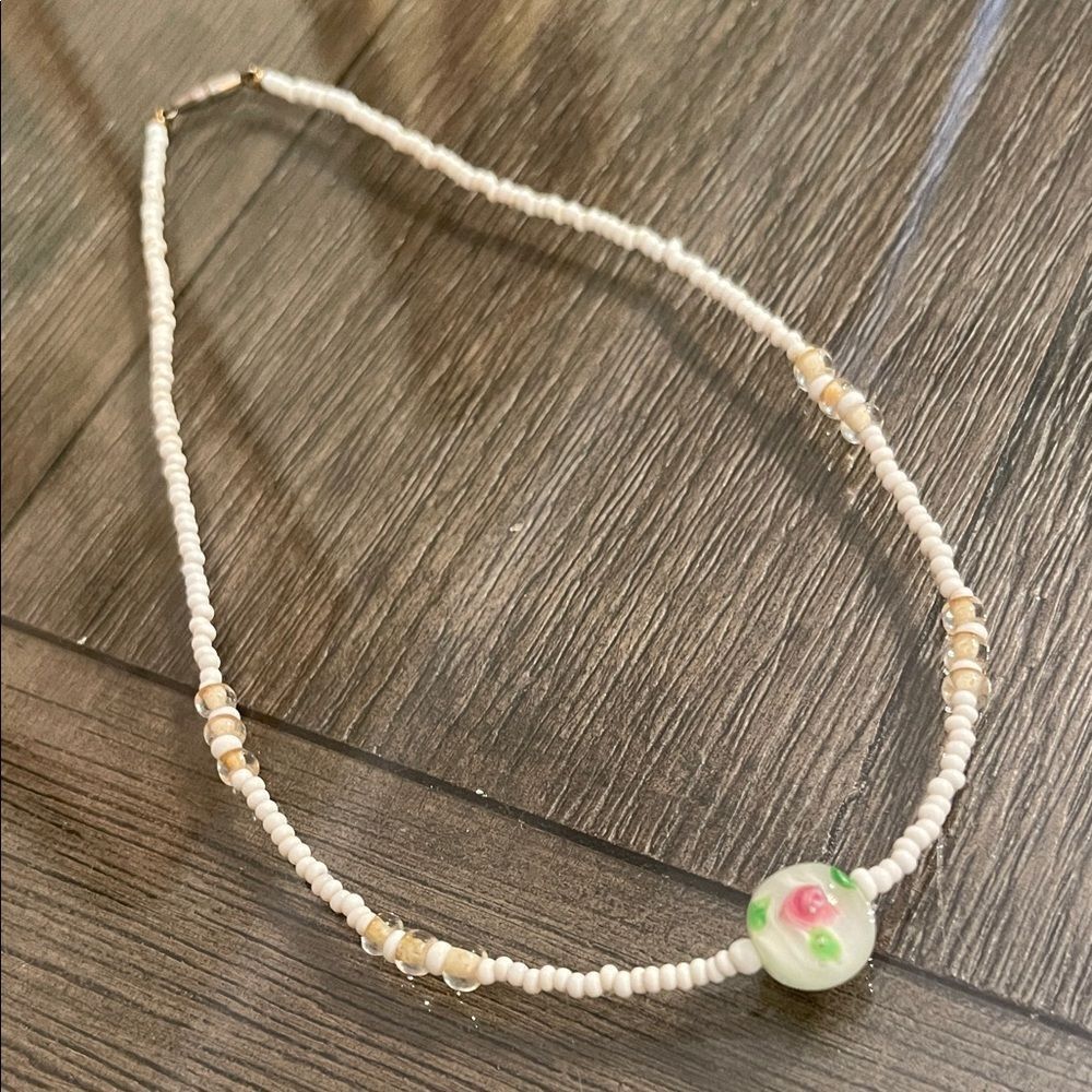 Vintage Dainty Rose Seed Bead Beaded Necklace with Barrel Clasp - Choker